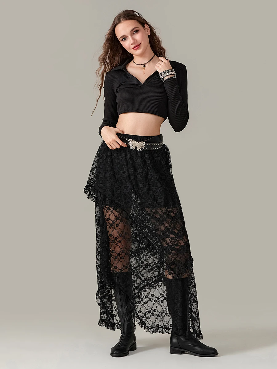 Elegancka koronkowa spódnica damska Maxi w kolorze granatowym z przezroczystą nakładką i wysoką talią dla szykownego wyglądu Streetwear