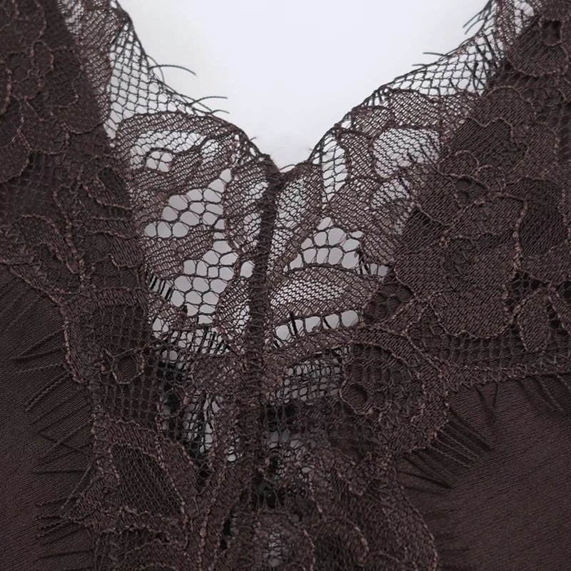 Women's Dress 2025 New Arrivals Spring Brown Asymmetrical Lace-Trim Satin Slip Dress Fashion Sexy Chic Women Satin Dress