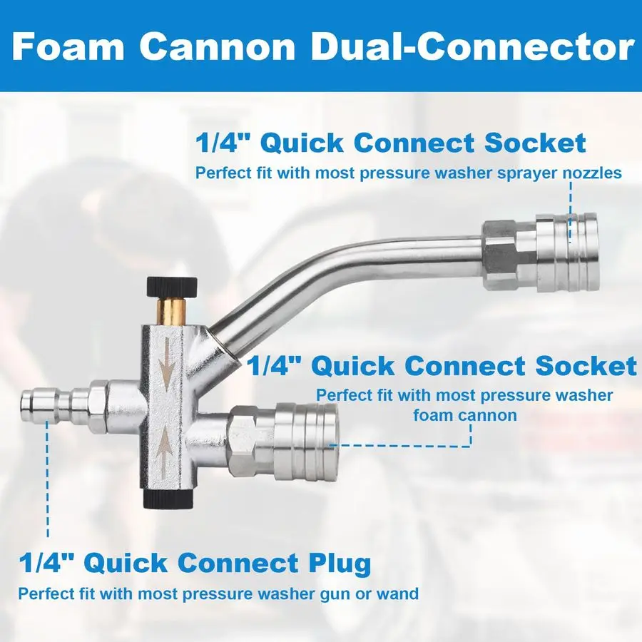 مدفع رغوة بندقية قصيرة لغسالة الضغط 1 4 موصل سريع، مجموعة مسدس رغوة غسيل السيارات ملحق موصل مزدوج، مرفق طرف مزدوج F