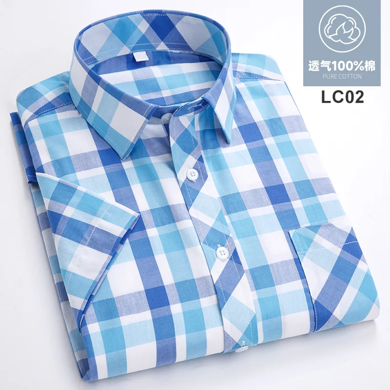 Fashion Korean Popular Clothes 100%cotton Short Sleeve Shirts for Men Slim Fit Casual Plain Shirt Thin Plaid Hawaiian Soft Tops