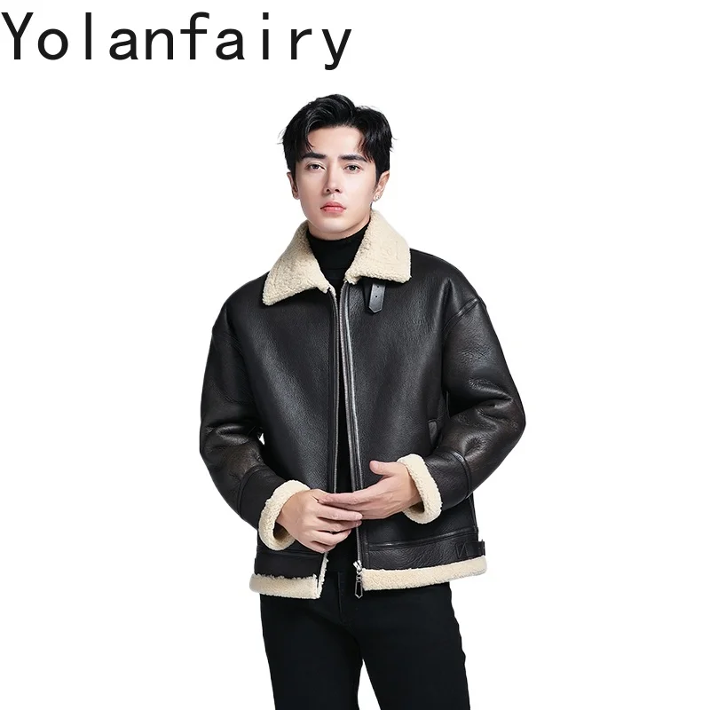 

YOLANFAIRY Vintage Natural Fur Coat Man Winter Warm Genuine Sheepskin Leather Jacket Men Clothes Casual Lapel Abrigo Piel Hombre