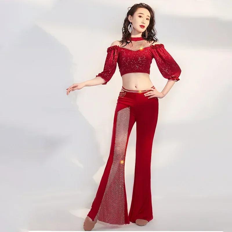 

Women Belly dance set Training Suit Shiny top+Trousers 2pcs Oriental Dance Performance Costume Performance Costume Women's Pants