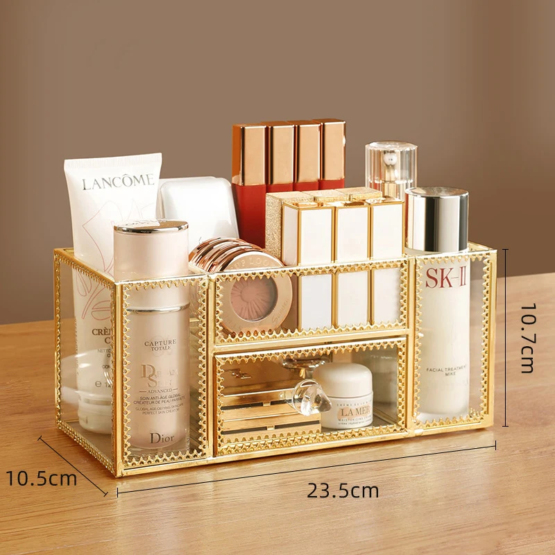 Fashion Gold Glass Makeup Organizer Lipstick Holder Perfume Desktop Jewelry Cosmetic Drawer Storage Box Display