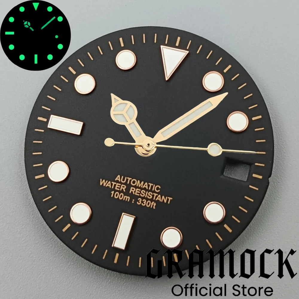 Gramock 29mm Black And White Dial Gold Silver Rose Edge Time Marks Green Luminous Dial Fit NH35 NH36 Movement Watch Accessories