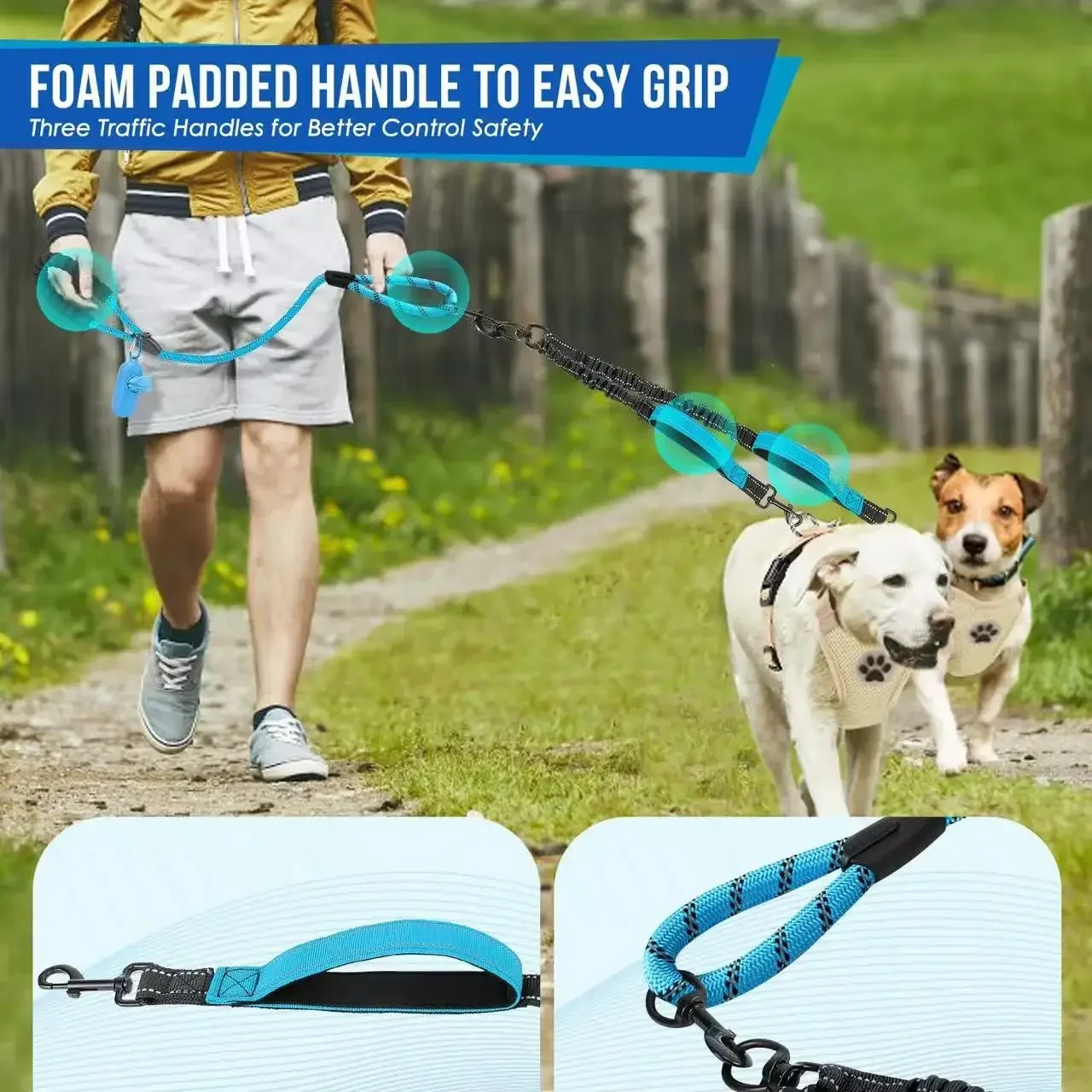 Reflective Double Dog Leash with Two Extra Traffic Handles: 360 Swivel No Tangle Dual Dog Walking Leash, Comfortable Shock Absor