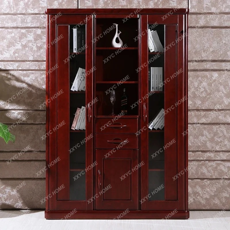 Modern Chinese solid wood bookcase with door drawer type combination bookcase Ash bookcase Wooden cabinet