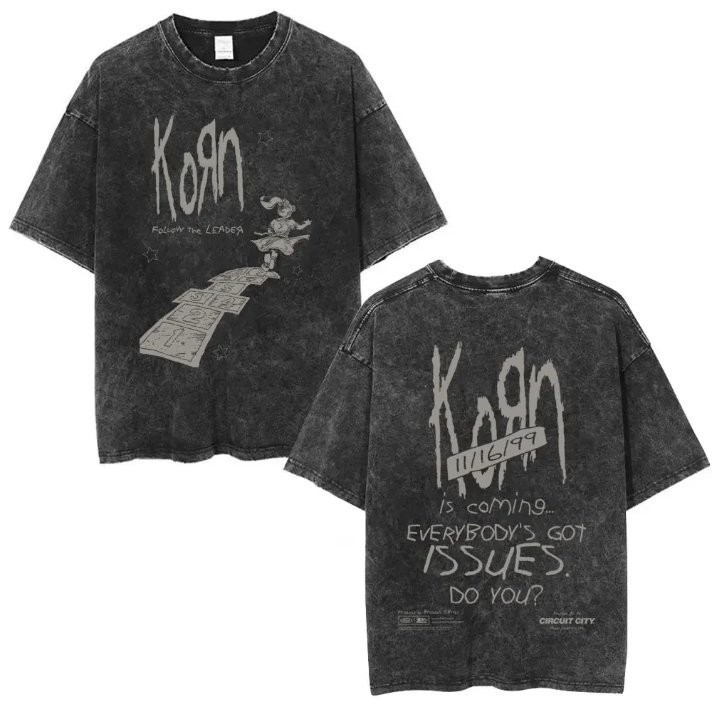 Korn Follow The Leader Got The Life Washed T Shirts Men Women Classic Metal Gothic Rock Band T-shirts Vintage Oversized T-shirt