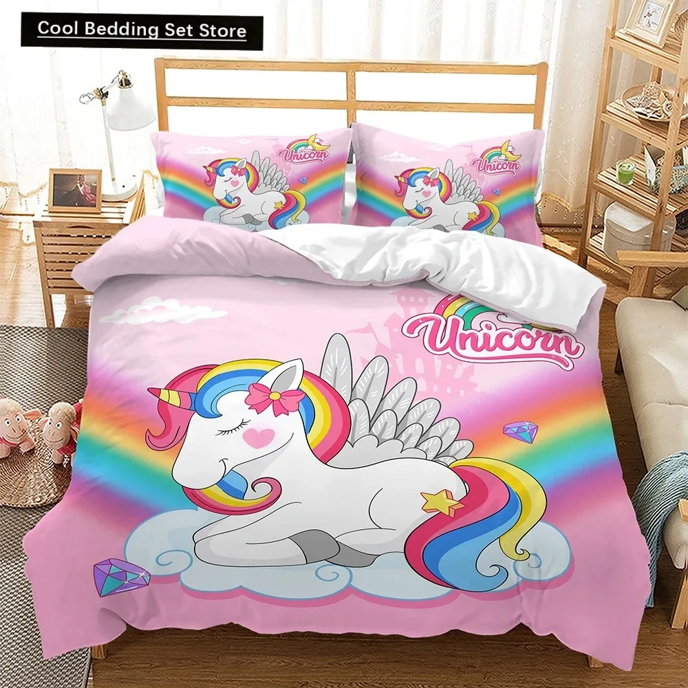 

Unicorn Cute Cartoon Comforter Bedding Set,Duvet Cover Bed Set Quilt Cover Pillowcase,Queen Bedding Set