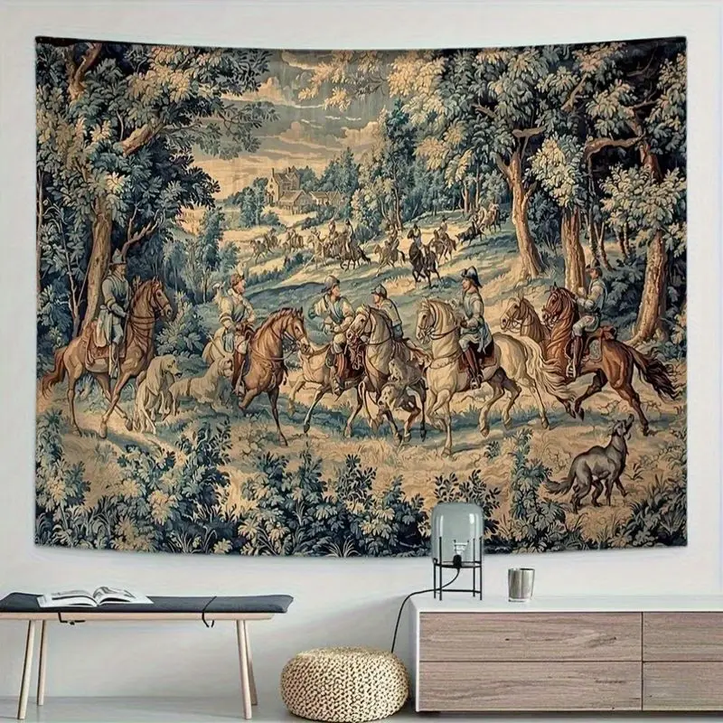 VIKAMA Vintage European Hunting Tapestry Medieval Rider Horse Forest Scene Wall Hanging Retro Home Living Room Decor