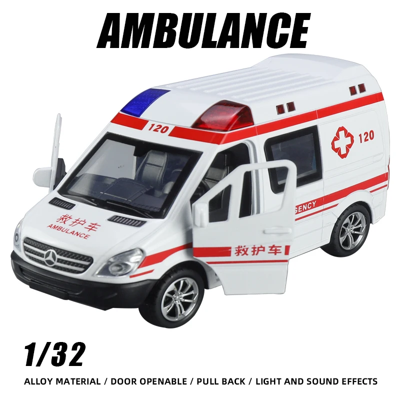 

1:32 Ambulance Alloy Car Model Metal Auto Gift Toy Boy Diecast Bus Door Open Rubber Tire Pull Back Fast Furious One Piece Sound