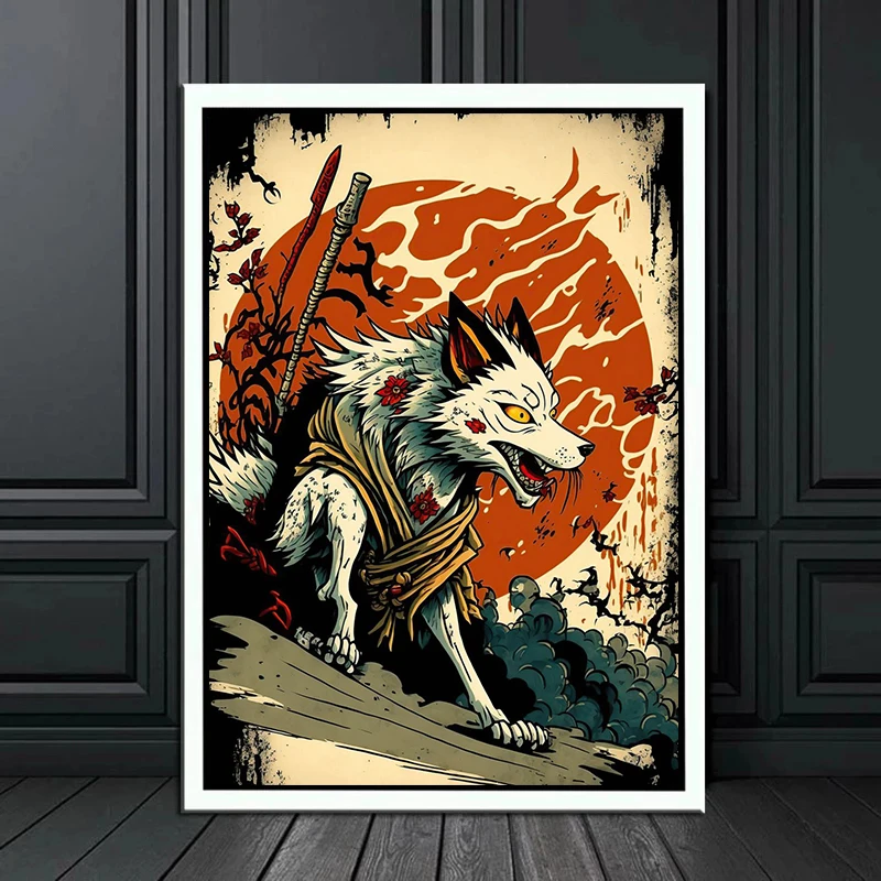 Okami Amaterasu Canvas Painting Japanese Style Wolf Posters and Prints Abstract Wall Art Picture for Living Room Home Decoration