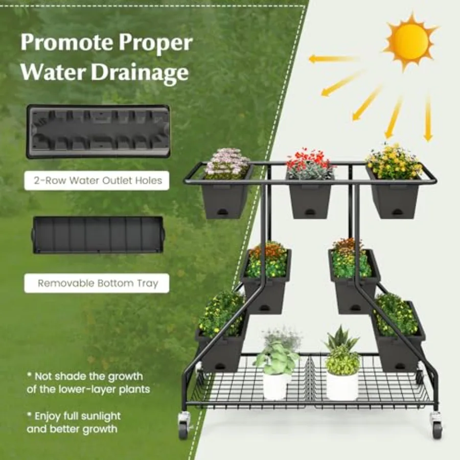 Elevated rolling garden bed for strawberries, vegetables, flowers, herbs; galvanized steel; black; 7 planter boxes, storage bas view 6