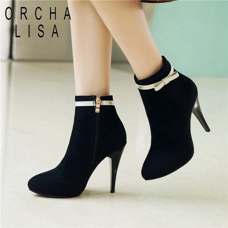 

ORCHA LISA Big Size 31-50 Flock Ankle Boots for Women Platform Riding Zipper Boots Buckle High Thin Heel Boots Female Botas C678