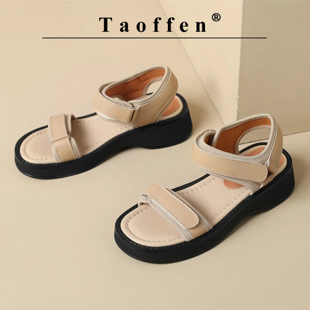 Taoffen New Casual Women\'s Sandals Genuine Leather Thick Sole Flat With Sandals Summer Beach Shoe Holiday Hook & Loop Lady Shoes