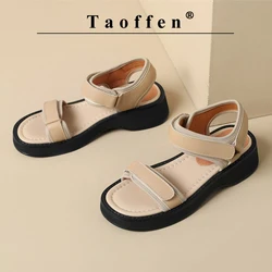 Taoffen New Casual Women's Sandals Genuine Leather Thick Sole Flat With Sandals Summer Beach Shoe Holiday Hook & Loop Lady Shoes