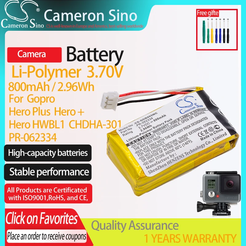 CS Camera Battery For Gopro Hero HWBL1 CHDHA-301 Hero Plus Hero + Fits PR-062334 800mAh / 2.96Wh Li-Polymer