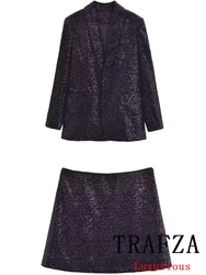 TRAFZA Vintage Casual Chic Women Suit paillettes Single Button Blazer Zipper Straight minigonna Shorts Fashion 2024 autunno Sets