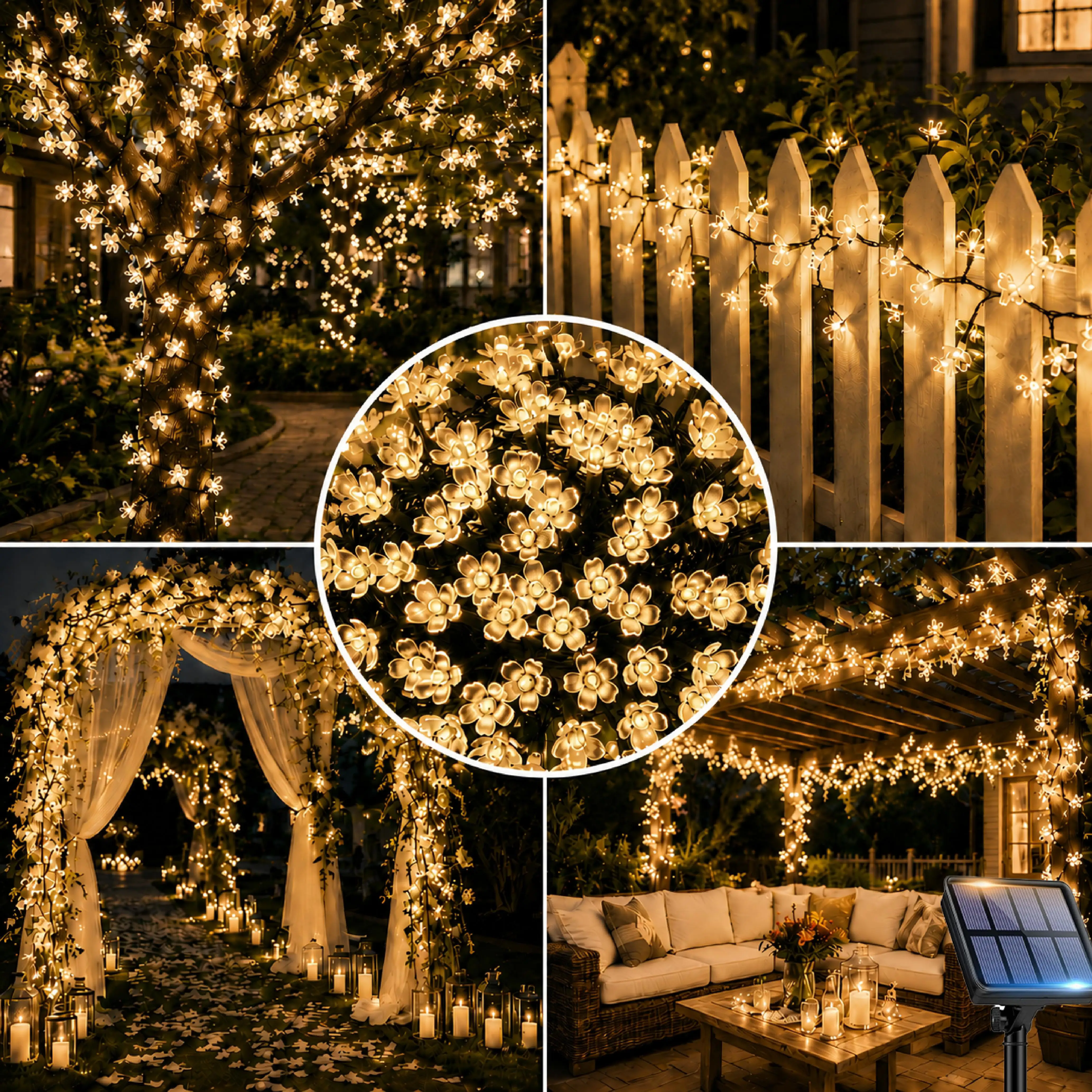 Solar Garden Lights Cherry Blossom Flower String Lights 20/50/100LED 8 Modes Outdoor Fairy Lights for Patio Wedding Christmas