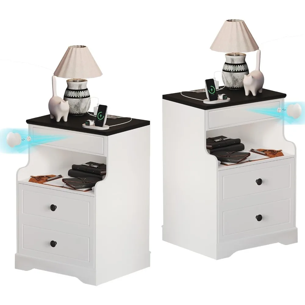 

Набор из 2 прикроватных тумбочек с магнитным замком, светодиодная тумбочка с зарядной станцией, белая тумбочка для фермерского дома с 3 ящиками