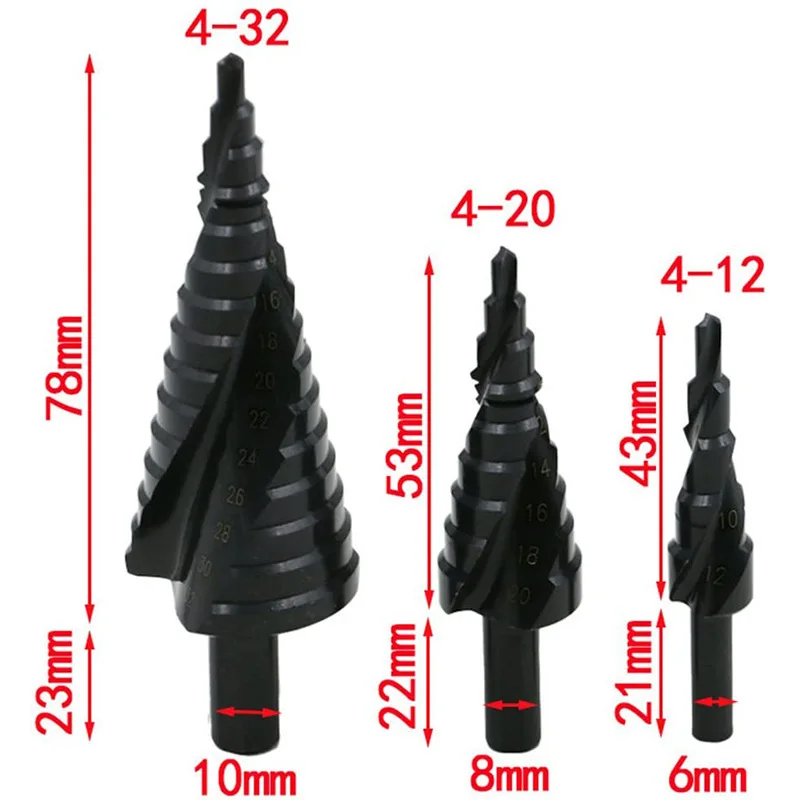 Set da 3 pezzi Set di punte per trapano a gradino in cobalto HSS da 4-32MM spirale in acciaio ad alta velocità ad azoto per apriscatole con gambo triangolare a cono metallico