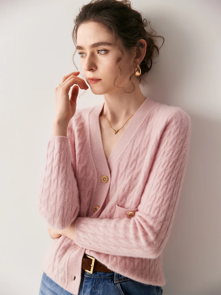 

Quality 100% Cashmere Cardigan Autumn Winter Women's V-Neck Sweater Cable Stitch Knitwear Grace Soft Warm Female Clothing Tops