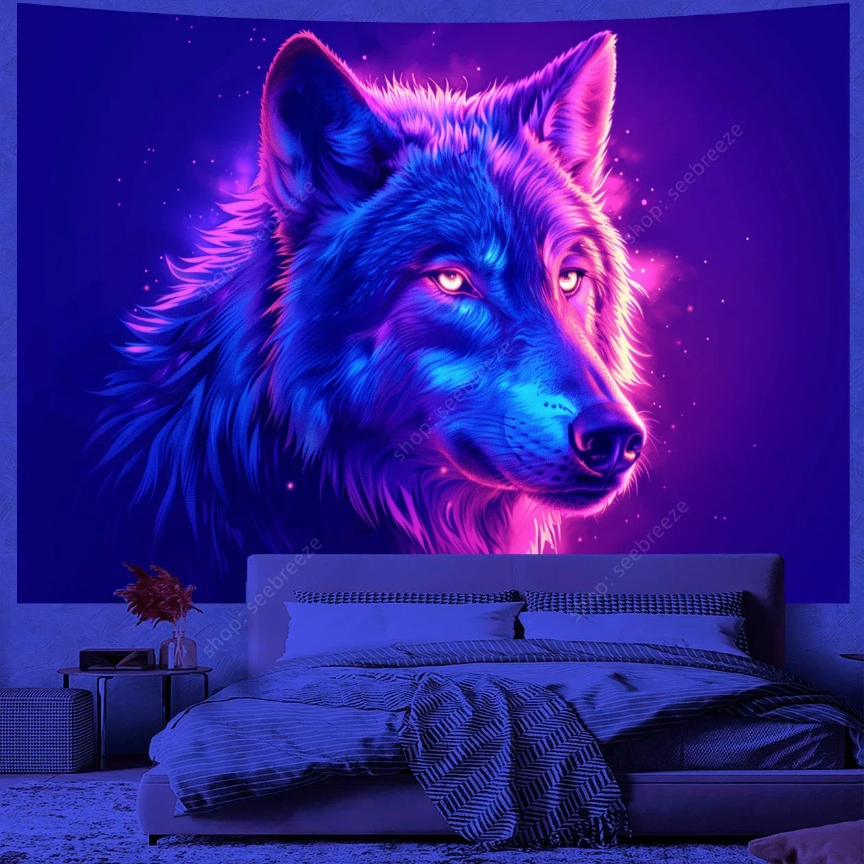 Animal Tapestry Psychedelic Wolf UV Reactive Tapestry Wall Hanging Hippie Room Decor Sofa Blanket Beach Towel Gift for Friend