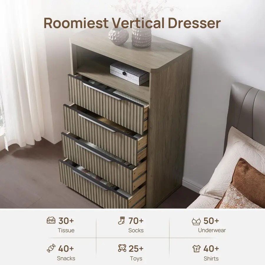 ตู้เสื้อผ้าสำหรับห้องนอน ตู้เสื้อผ้าสูง 50.7 ซม. พร้อมลิ้นชัก 4 ชั้น ตู้เสื้อผ้าขนาดใหญ่ทันสมัยสำหรับตู้เสื้อผ้า ตู้วางทีวีแบบมีร่อง