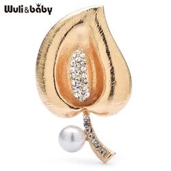 Wuli&baby Lovely Lily Flower Brooches For Women Unisex Alloy Rhinestone Leaf Plants Elegant Party Office Brooch Pins Gifts