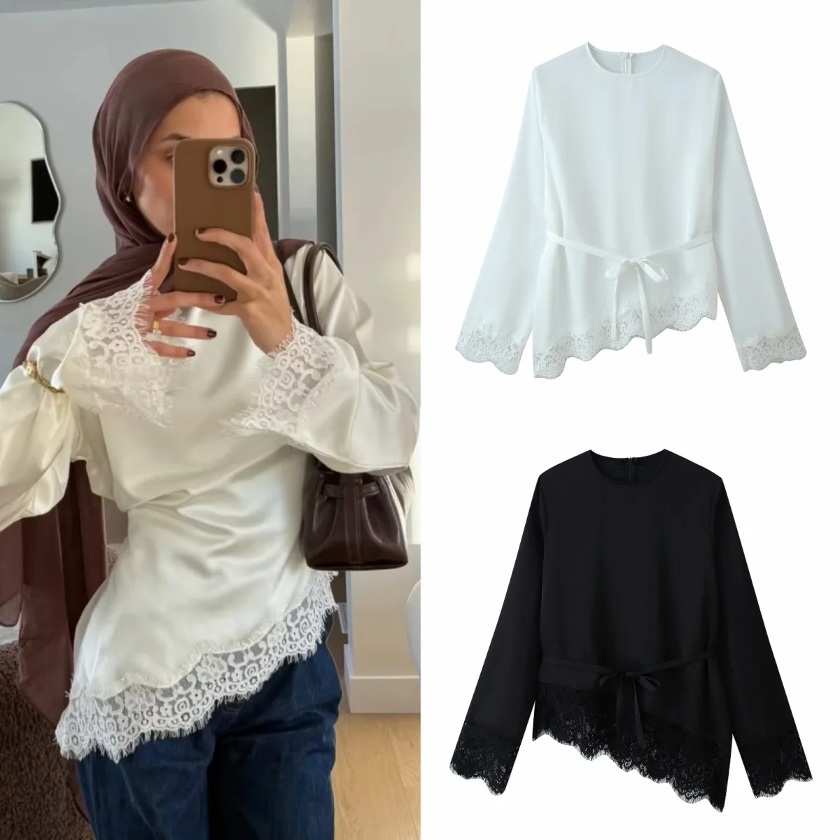

Elegant Satin Lace Patchwork Top Women O-neck Loose Long Sleeves Strappy Female shirt 2026 Spring Autumn Chic Lady T-shirt