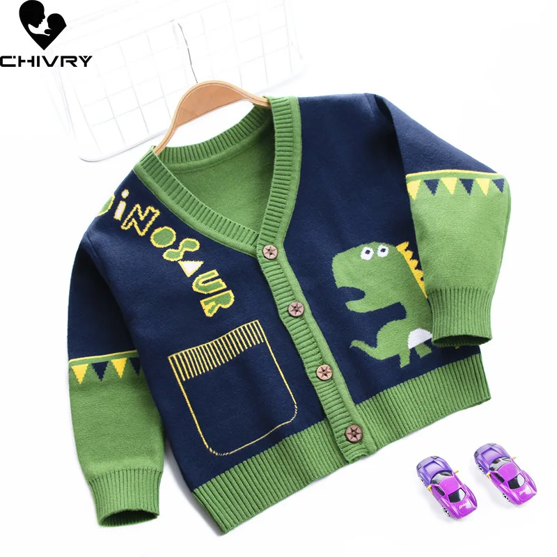 New Autumn Winter Kids Fashion Cardigans Baby Boys Cartoon Dinosaur Single-breasted V neck Knit Cardigan Sweater Coat Outer Wear