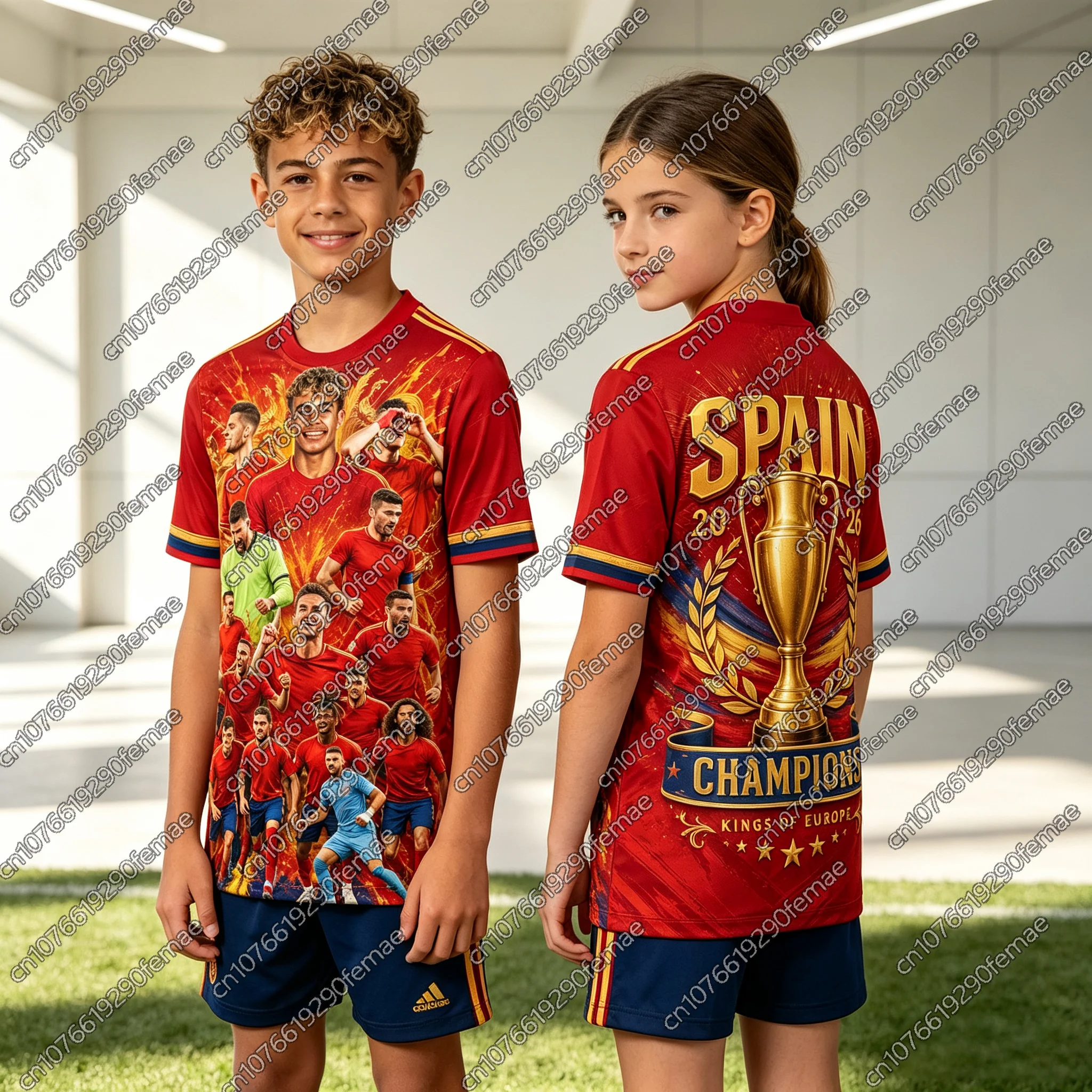 Kids 2026 Spain Champion Commemorative T-Shirt Boys Girls Breathable Quick-Dry Football Summer Camp Training Top