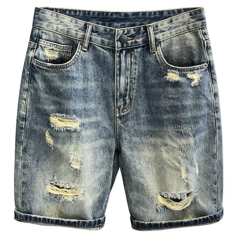 Retro washed ripped denim loose shorts men's medium pants summer thin straight five-point pants