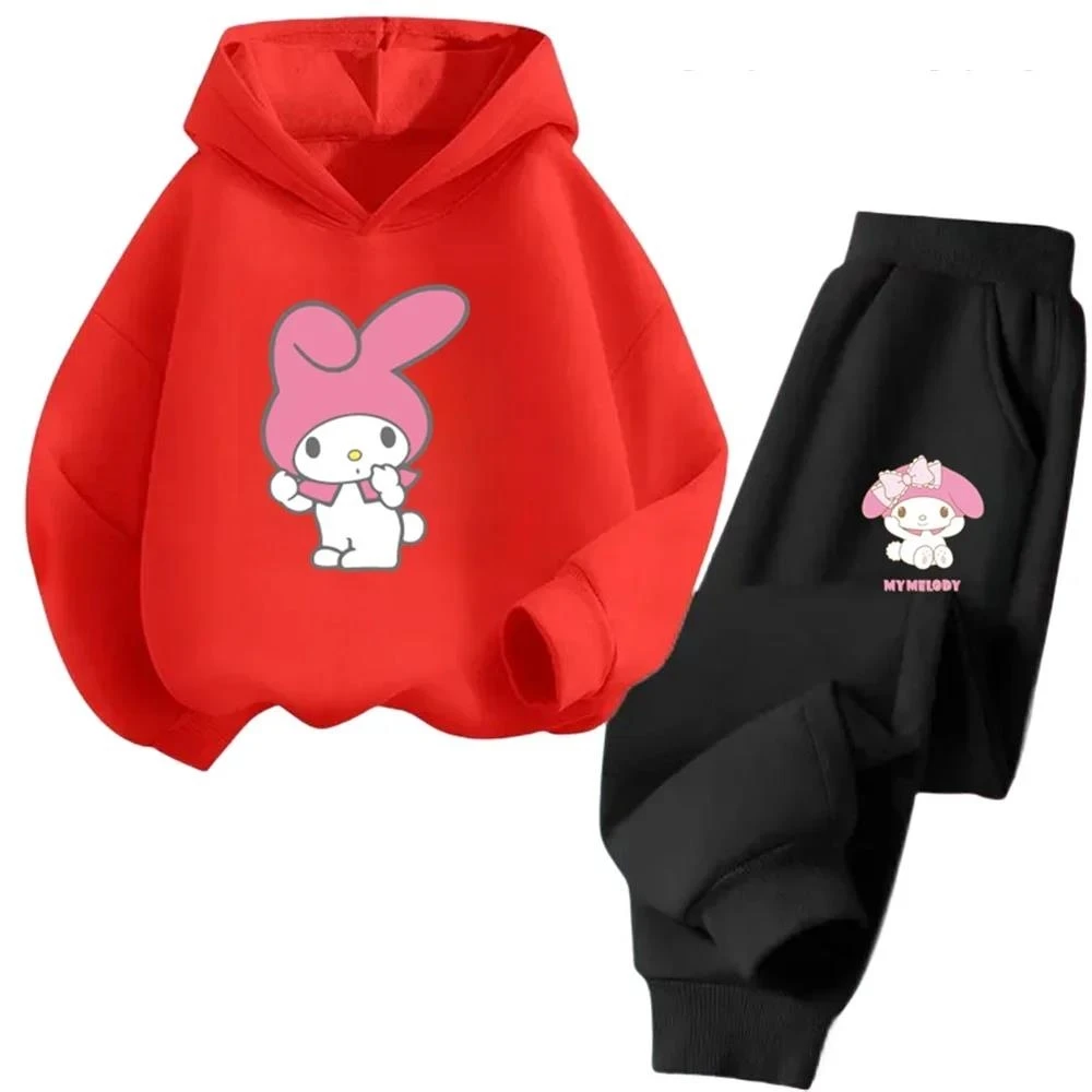 Primavera e autunno 2024 Sanrio Melody Abbigliamento per bambini Felpa con cappuccio per ragazze Set Top con cappuccio Graffiti Stampa di cartoni animati Stile carino