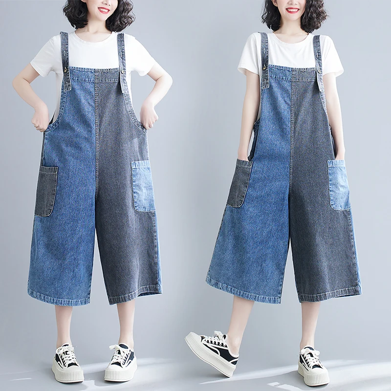 

Летние женские джинсовые комбинезоны, свободные широкие лоскутные утягивающие брюки с высокой талией, тонкие хлопковые длинные брюки