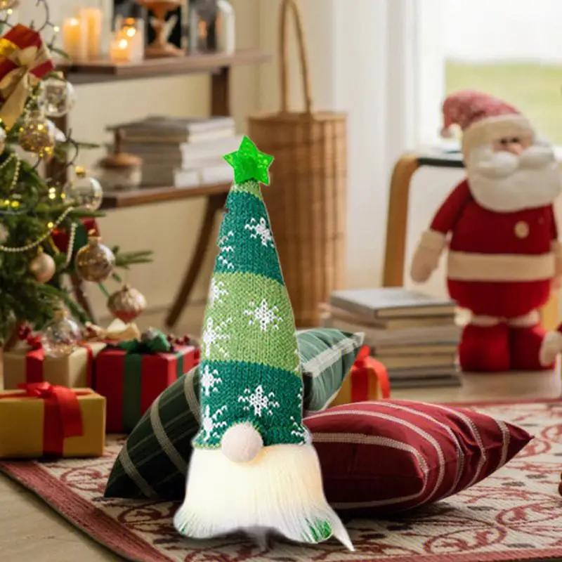 Lighted Christmas Gnome Battery Powered Gnome Desktop Ornament Holiday Toy With Snowflake Knitted Hat For Home Table Decor