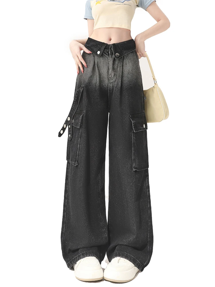 

Women's Black Gothic Y2k Cargo Jeans Harajuku Aesthetic High Waist Denim Trouser Korean Jean Pants Vintage 2000s Trashy Clothes