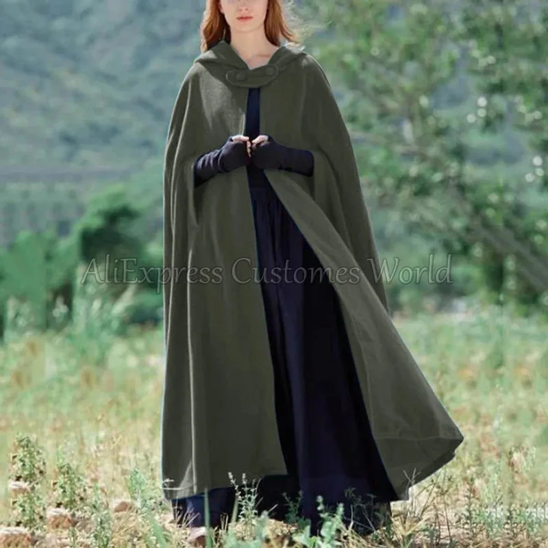 Gothic Vintage Green Cloak Cosplay Costumes Medieval Punk Coats Renaissance Robe Cashmere Cape Jacket Women Party Ponchos Winter