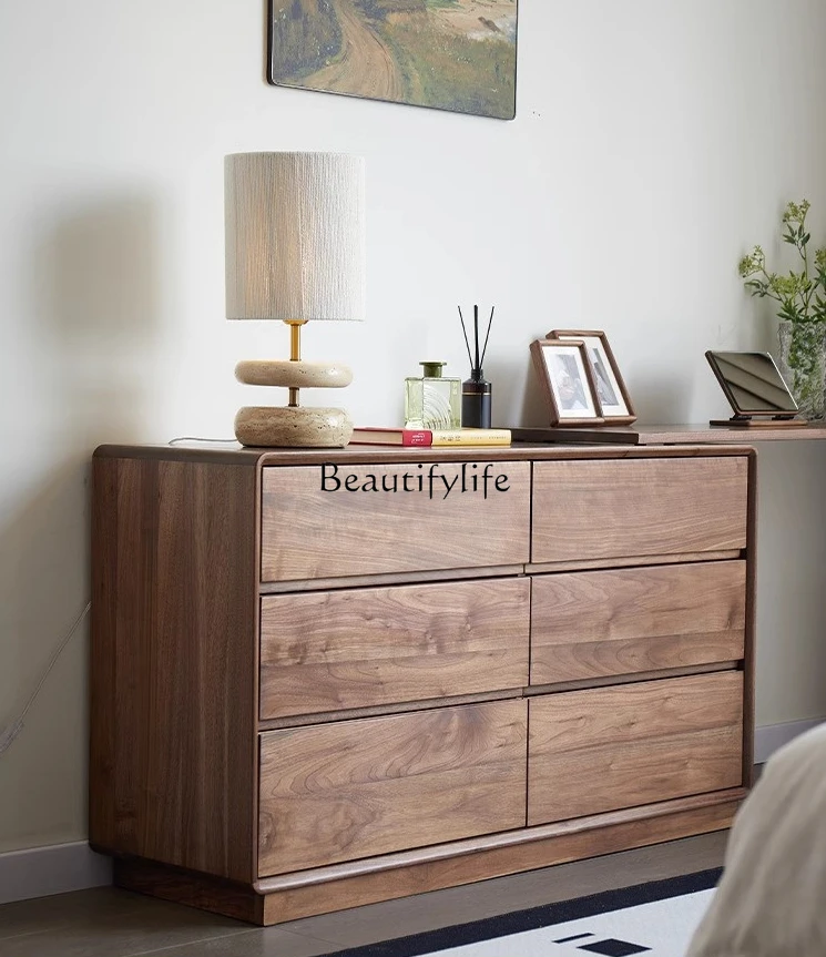 

North America Black Walnut Chest of Six Drawers Integrated Dressing Table Solid Wood Retractable Storage Cabinet Desk