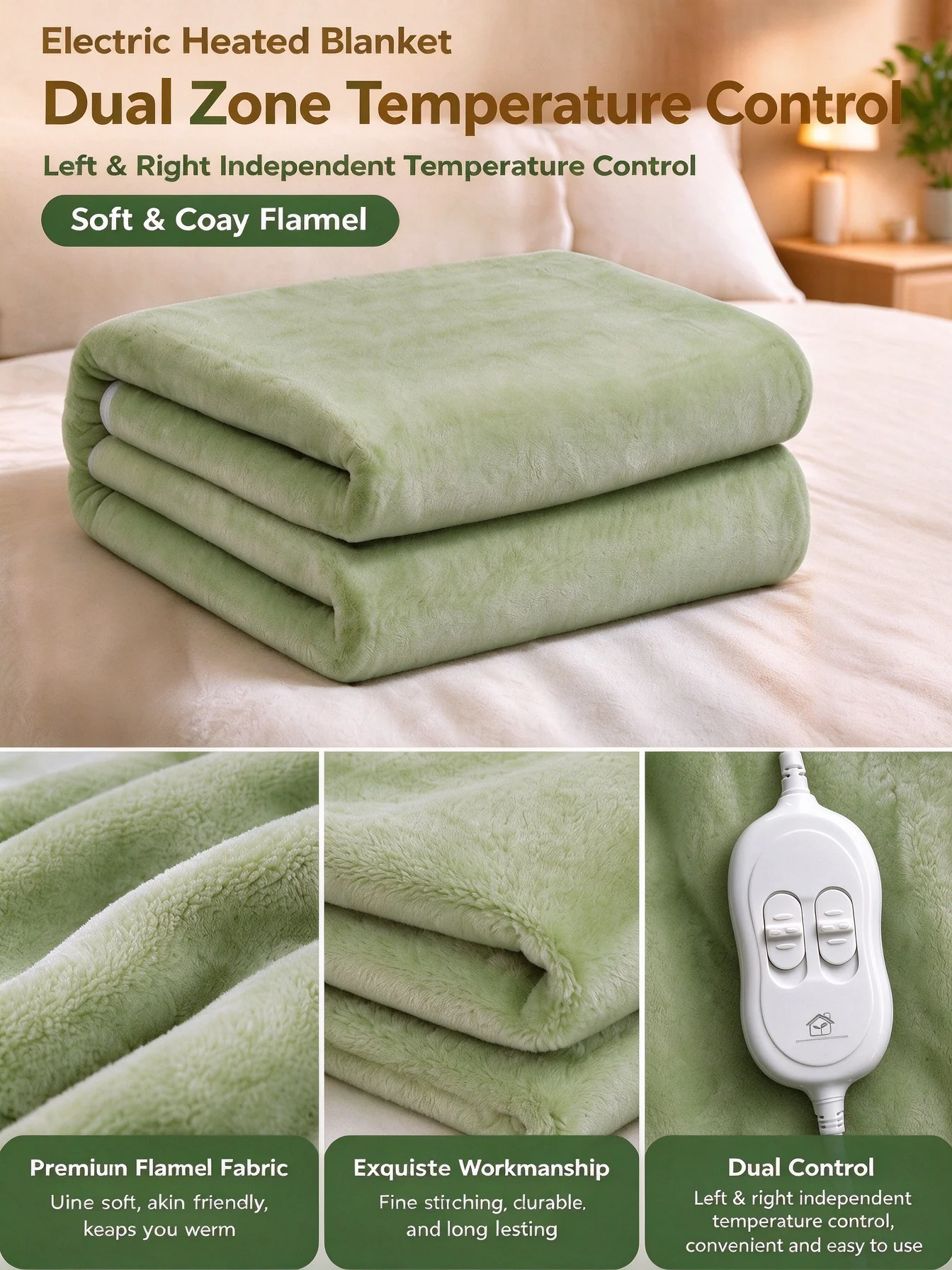 Flannel Electric Heated Blanket Dual Zone Left & Right Separate Control Fast Even Heating Ultra Soft Warm Heating Blanket
