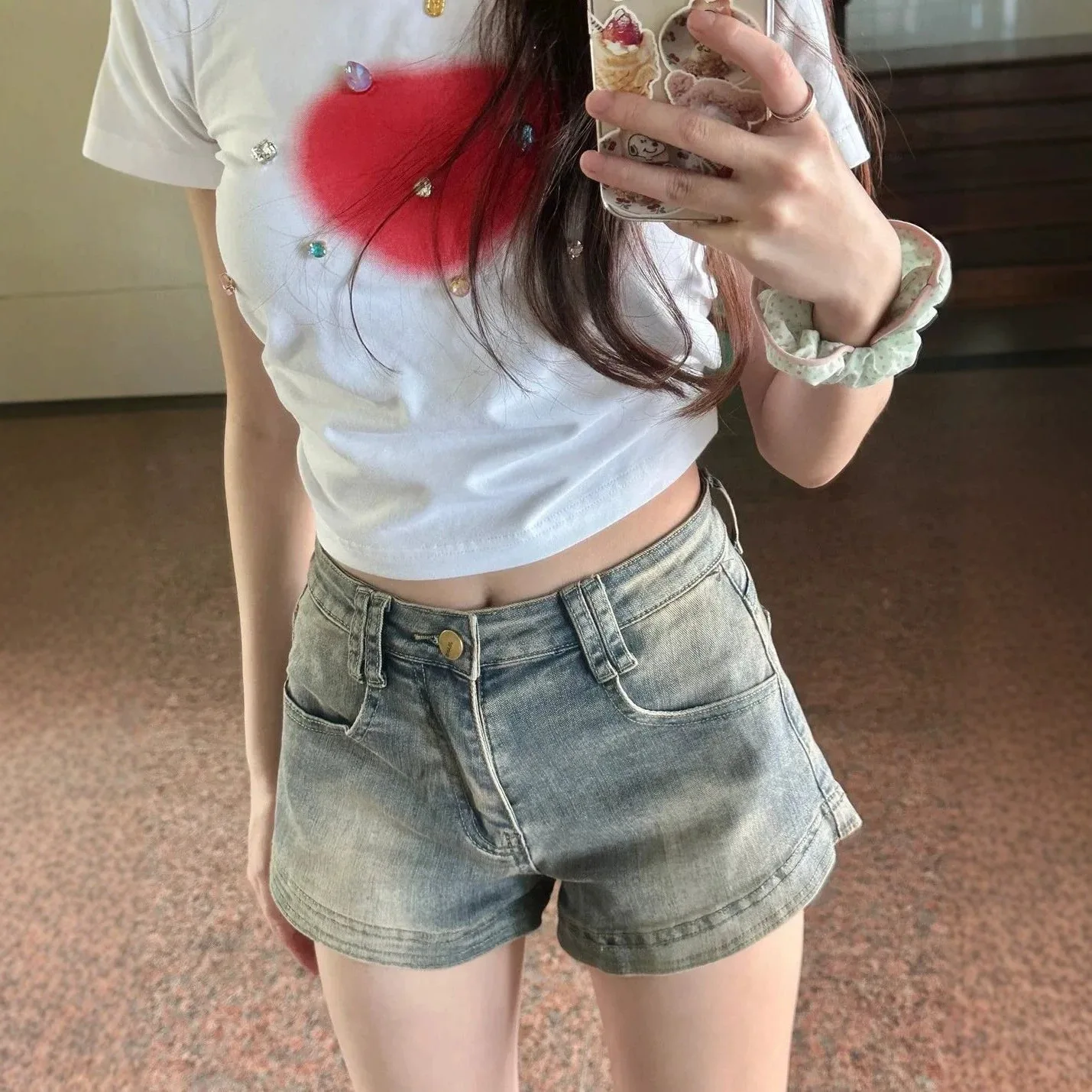 

high street denim shorts for women, niche high-waisted slimming A-line hot pants for trendy girls