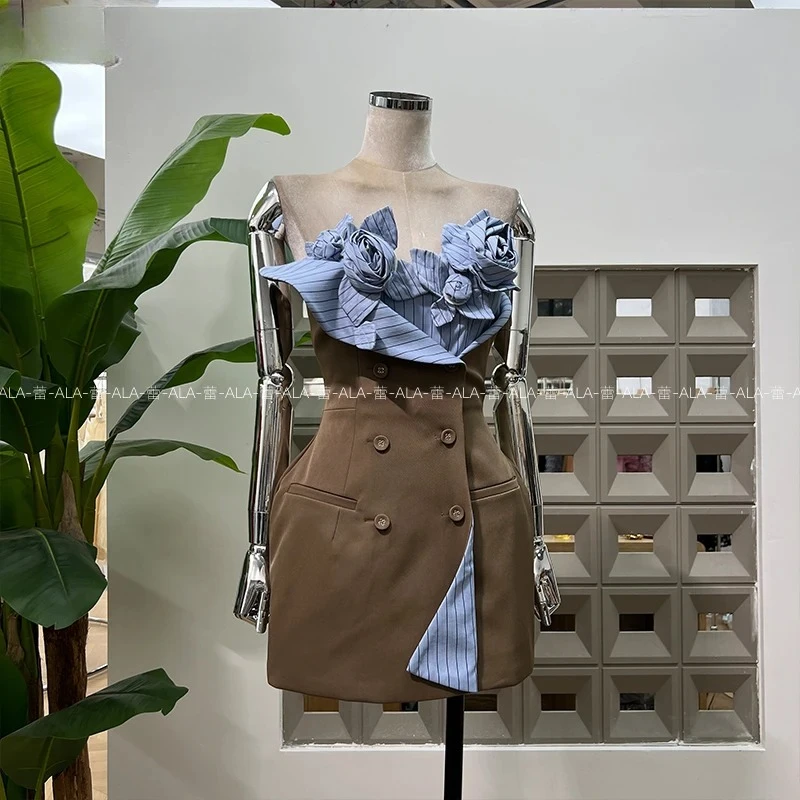 WomenFrench Style Elegant Socialite 3D Floral Striped Sleeveless Double-Breasted High Waist Slim Sexy Birthday Party Mini Dress