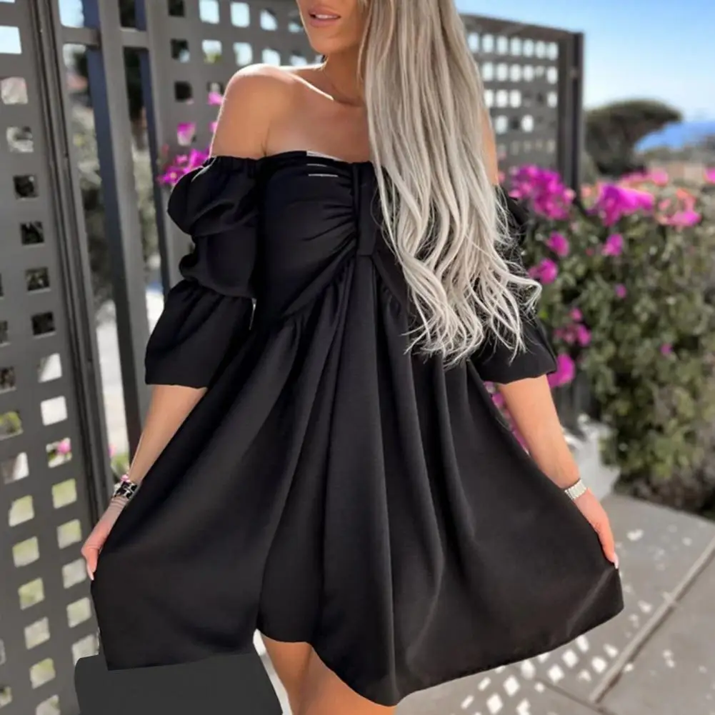 

Women's Ruffles Off Shoulder hort Dress Solid Color Puff Sleeve Shirred High Waist Ruffle Mini Dress Party Club OL A-Line