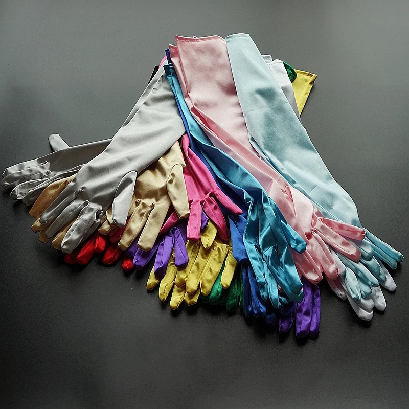 Guantes largos de satén elásticos brillantes, verde, naranja, azul, longitud de ópera, fiesta de graduación Formal, guantes de dedo dorado, gant