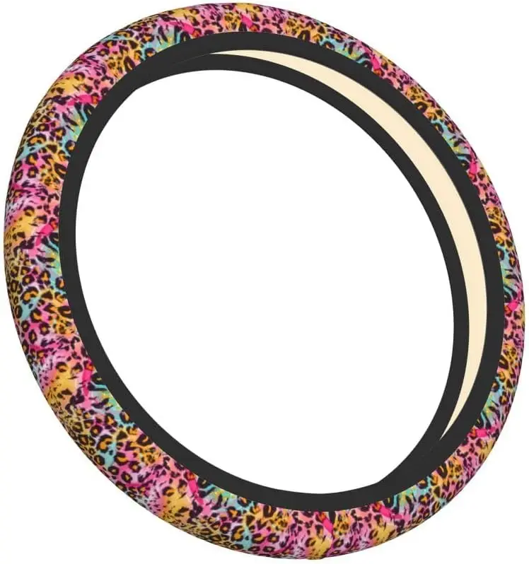 

Steering Wheel Cover, Rainbow Striped Leopard Panther Fur Print Anti-Slip Absorbing Sweat Breathable Universal Car Accessories f