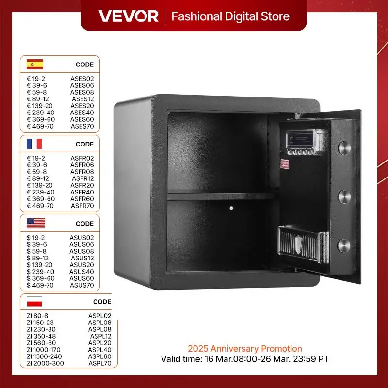 VEVOR Safe 1.8/2.2 Cubic Feet Steel Security Safe w/ Digital Keypad and 2 Keys Protect Cash Gold Jewelry Document for Home Hotel