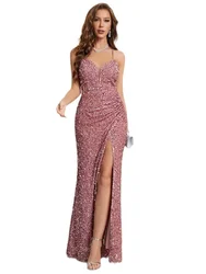 Sexy V-neck Spaghatti Straps Open Back Side Split Sequined Formal Evening Prom Dress