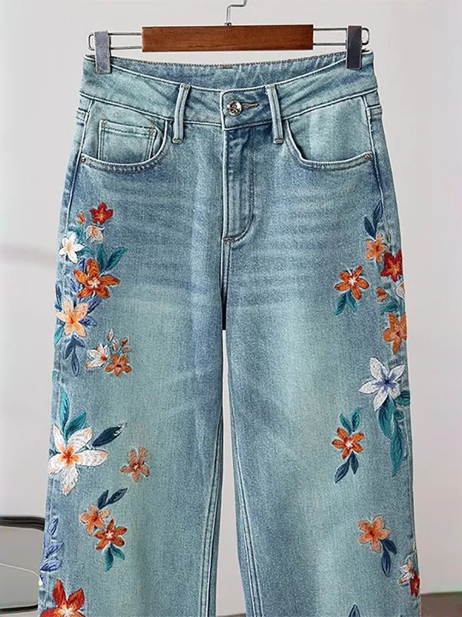 2024 Summer New Floral Embroidered Jeans For Women Casual Slim Versatile Denim Pants Straight-leg American Retro Wide Leg Pants