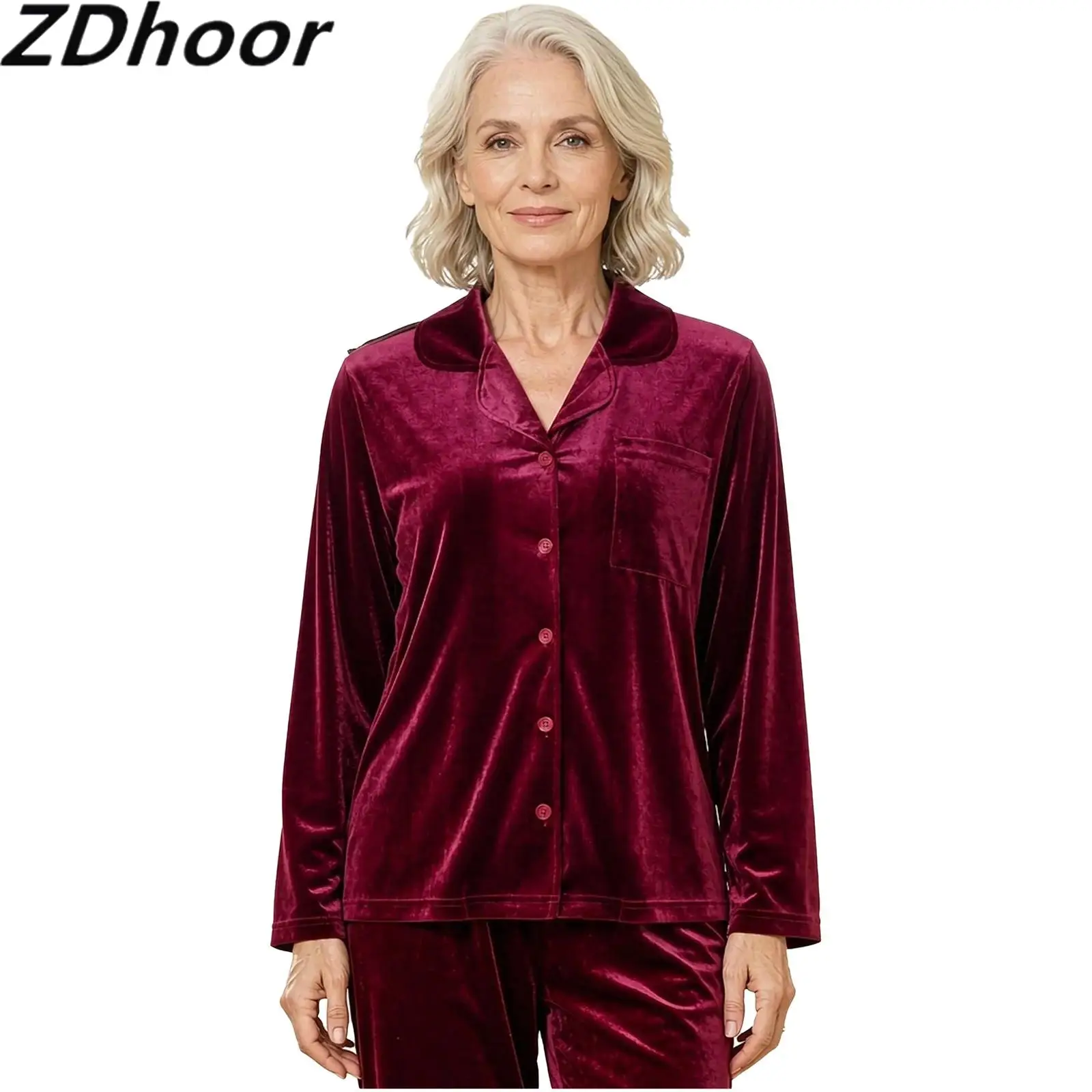 Women Open Back Velvet Adaptive Pajama Shirt Notched Lapel Long Sleeve Press Buttons Shoulders Button-down Top