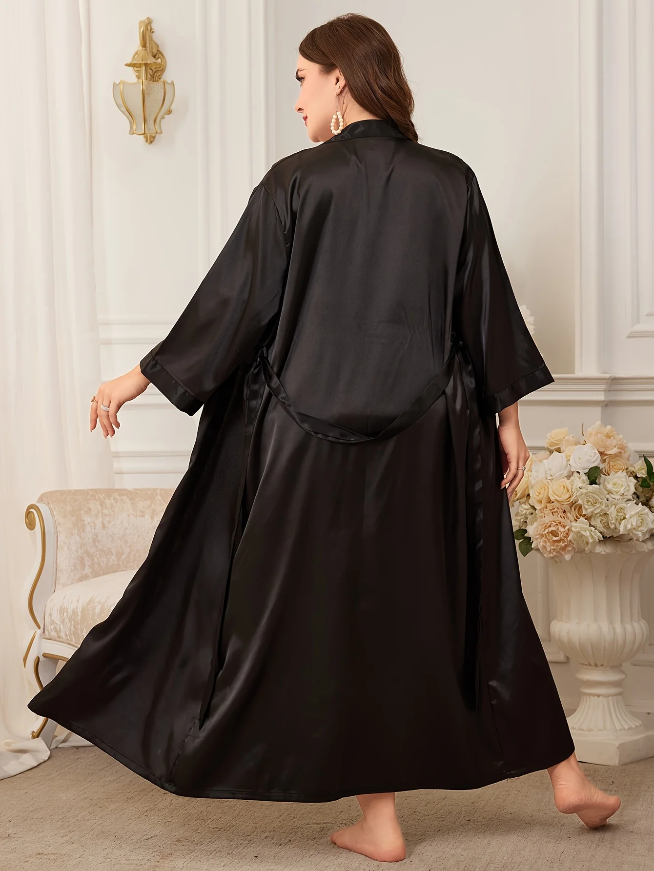 1 Piece of Plus Size Women's Nightgown, Extra Long Silk Pajamas, Long-Sleeved V-Tie Belt Bathrobe, Sexy Plus Size Home Clothes, Fashionable Light Luxury Solid Color Elegant Nightgown, Suitable for All Seasons at Home