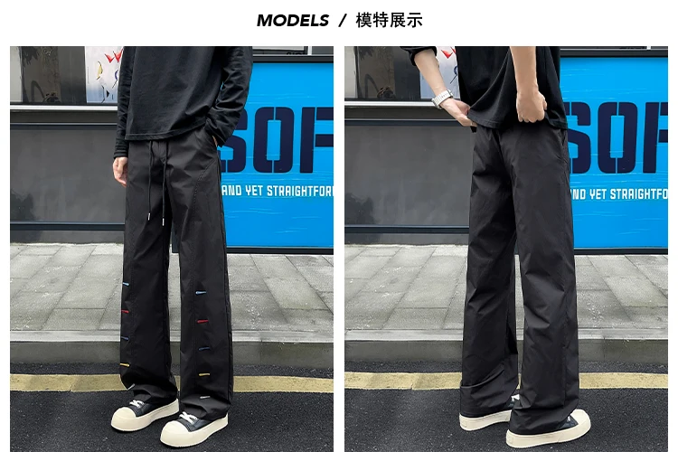 Bunte Herrenhose mit Ziernähten, weitem Bein, elastischem Bund, Kordelzug, lockerer, gerader Schnitt, lässige Streetwear-Sport-Hose – Detail 18